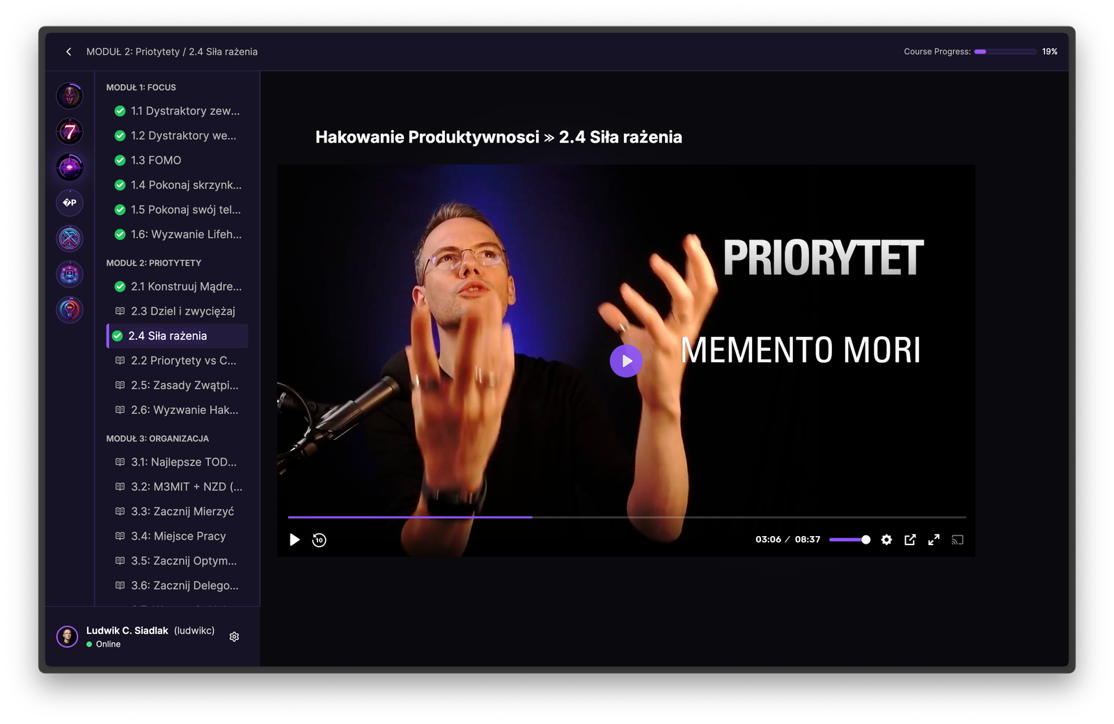 Platforma Programu Produktywność — widok modułu z video