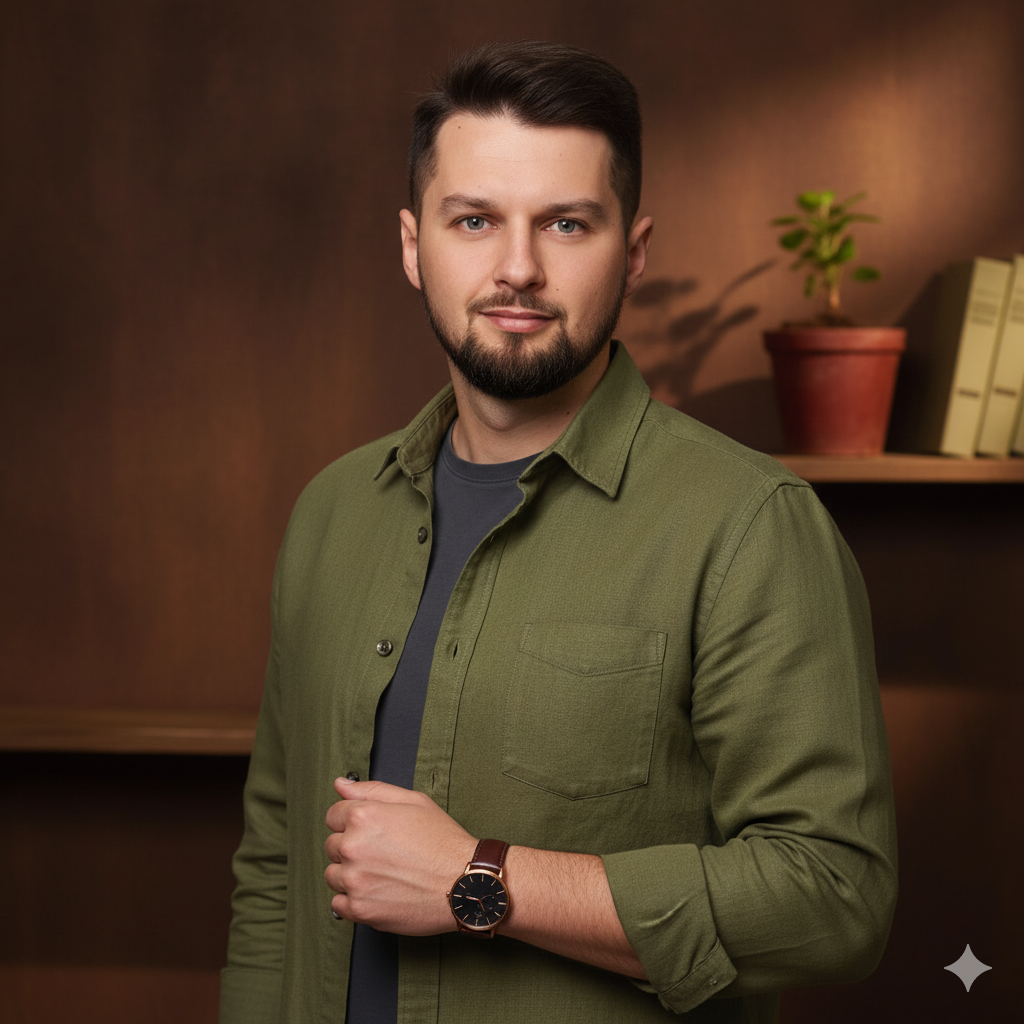 Mateusz Lizak w oliwkowej koszuli na tle drewnianego regału z książkami